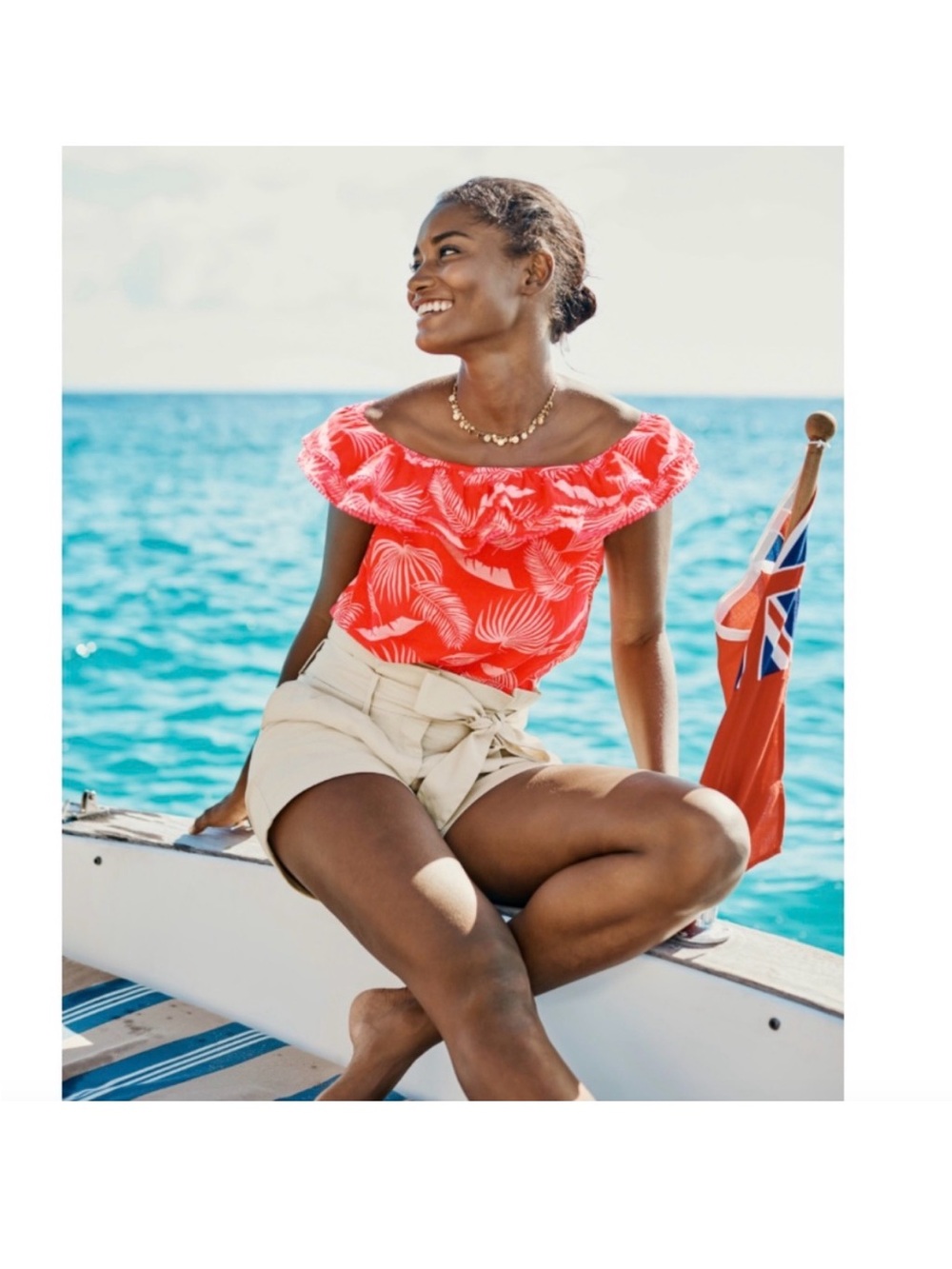 Boden Tropical Palm Print Off Shoulder Ruffle Top Red Pink US 10